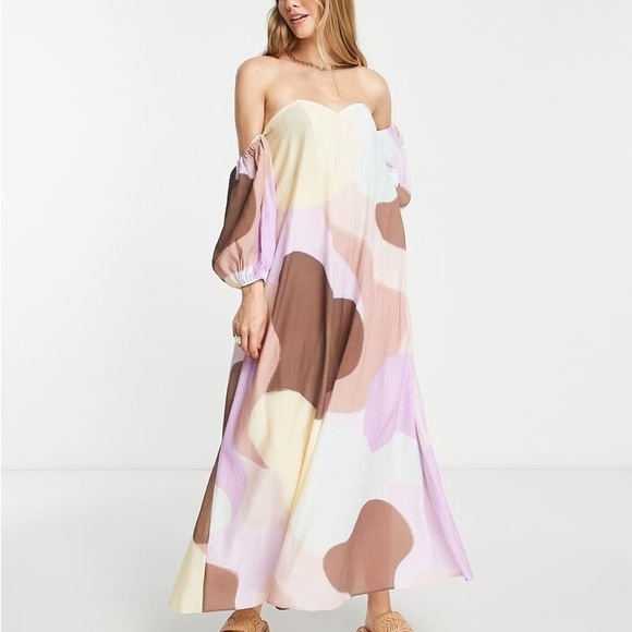 ASOS Crinkle Pastels Off-Shoulder Maxi Dress with Princess Sleeves - Picture 1 of 12